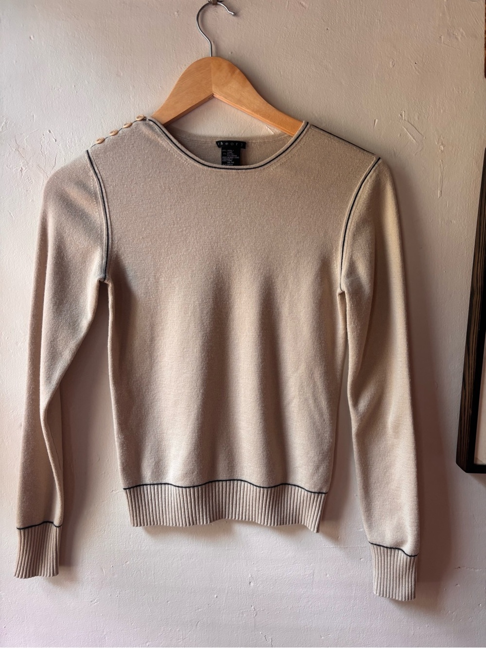 Theory Woman’s Cream Wool Crewneck Sweater with Dark Contrast Trim